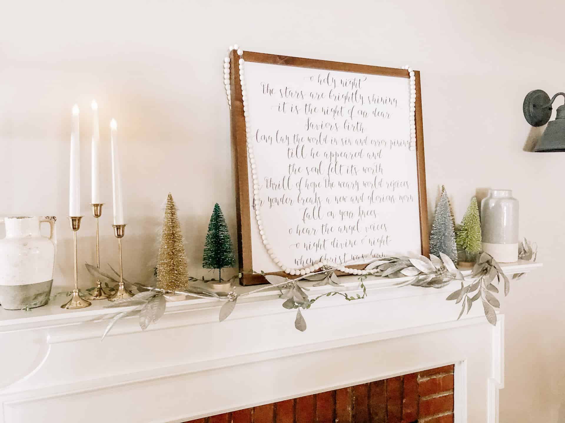 Neutral Christmas Mantle Decor #farmhouse #candles #bottlebrushtrees