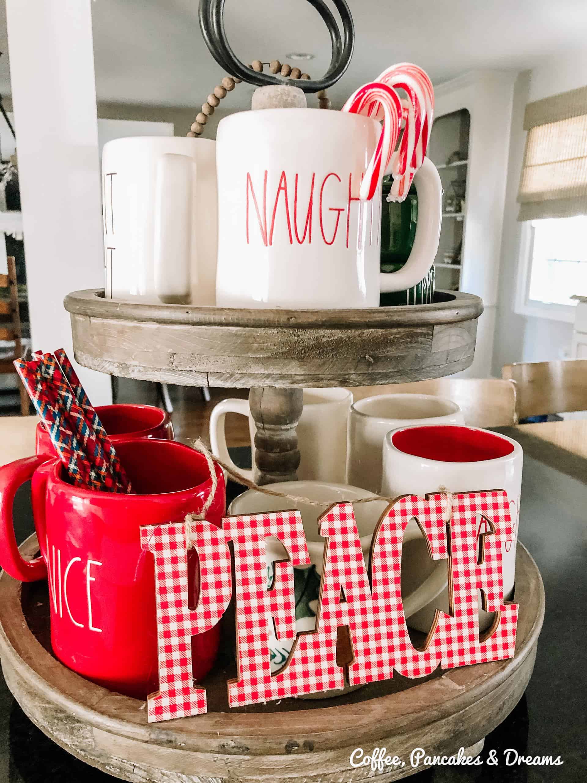 Christmas Tiered Tray with Rae Dunn #farmhouse #gingham #olddecor