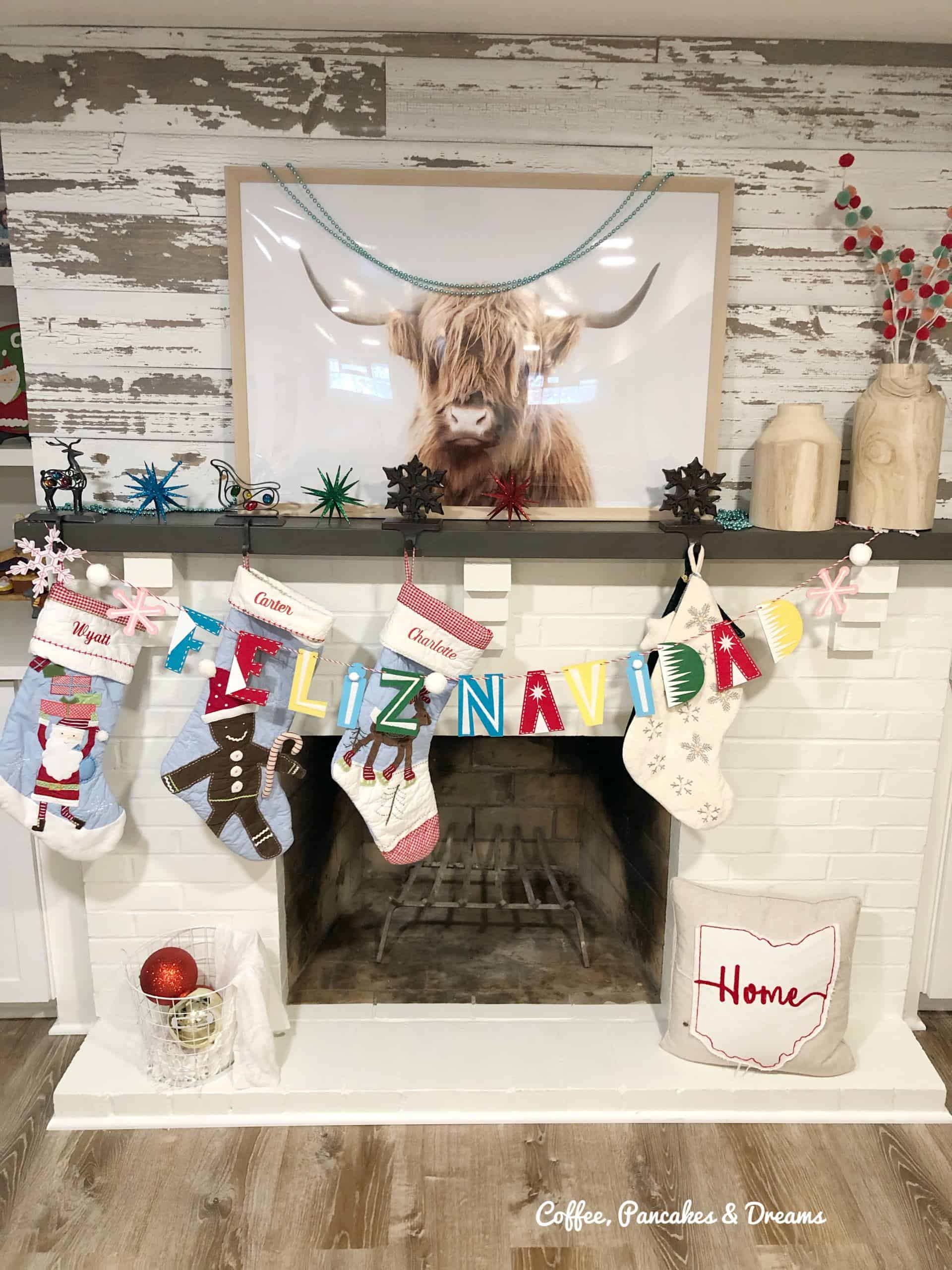 Colorful Christmas Mantle #garland #pbstocking #merryandbright #diy