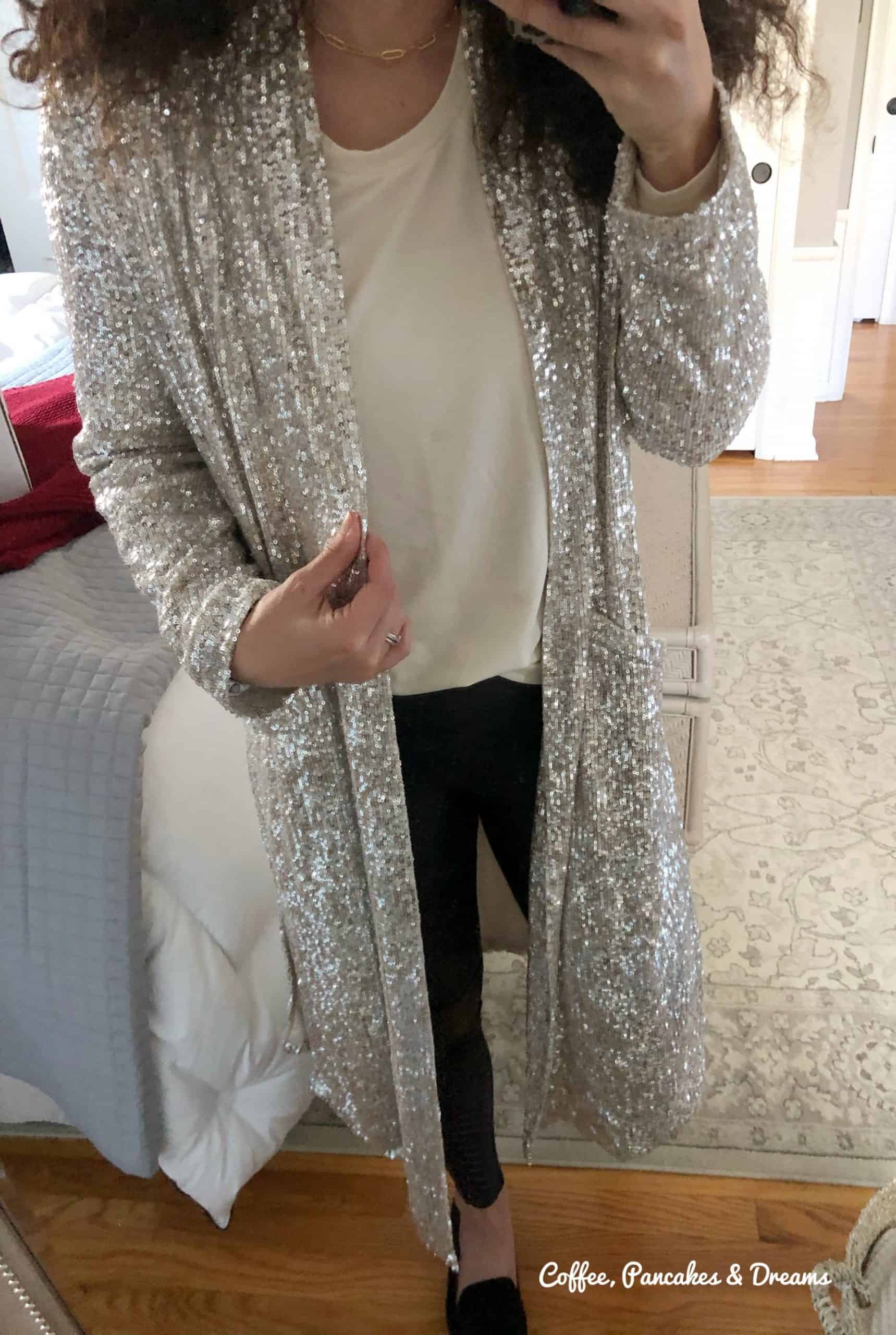 Sequin Duster Cardigan for New Year's Eve #casualnewyearseveoutfit #NYEoutfit